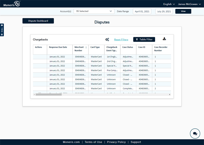 The Disputes report in this case displays the resolved chargebacks because the See More link was clicked on under Closed Disputes